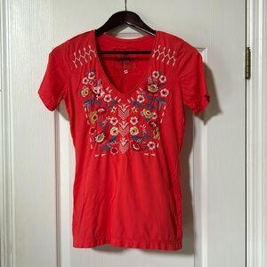 Johnny Was Los Angeles Coral Floral Embroidered V-neck knit Top XS *see spot*